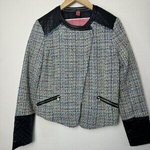 Bernardo Collection Tweed Jacket Faux Leather Details Quilted Accents‎ - Size L